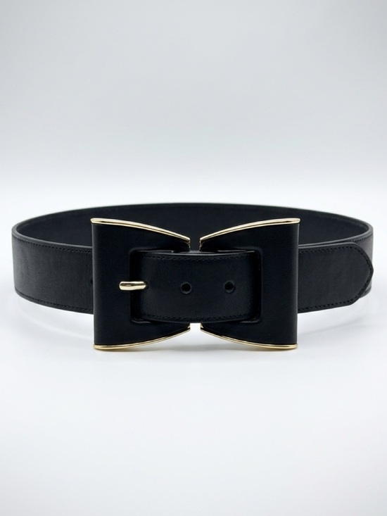 Oscar de la Renta Accessories - Oscar de la Renta Leather&Fabric 1.25” Belt, bow shaped buckle, black/gold, 26”